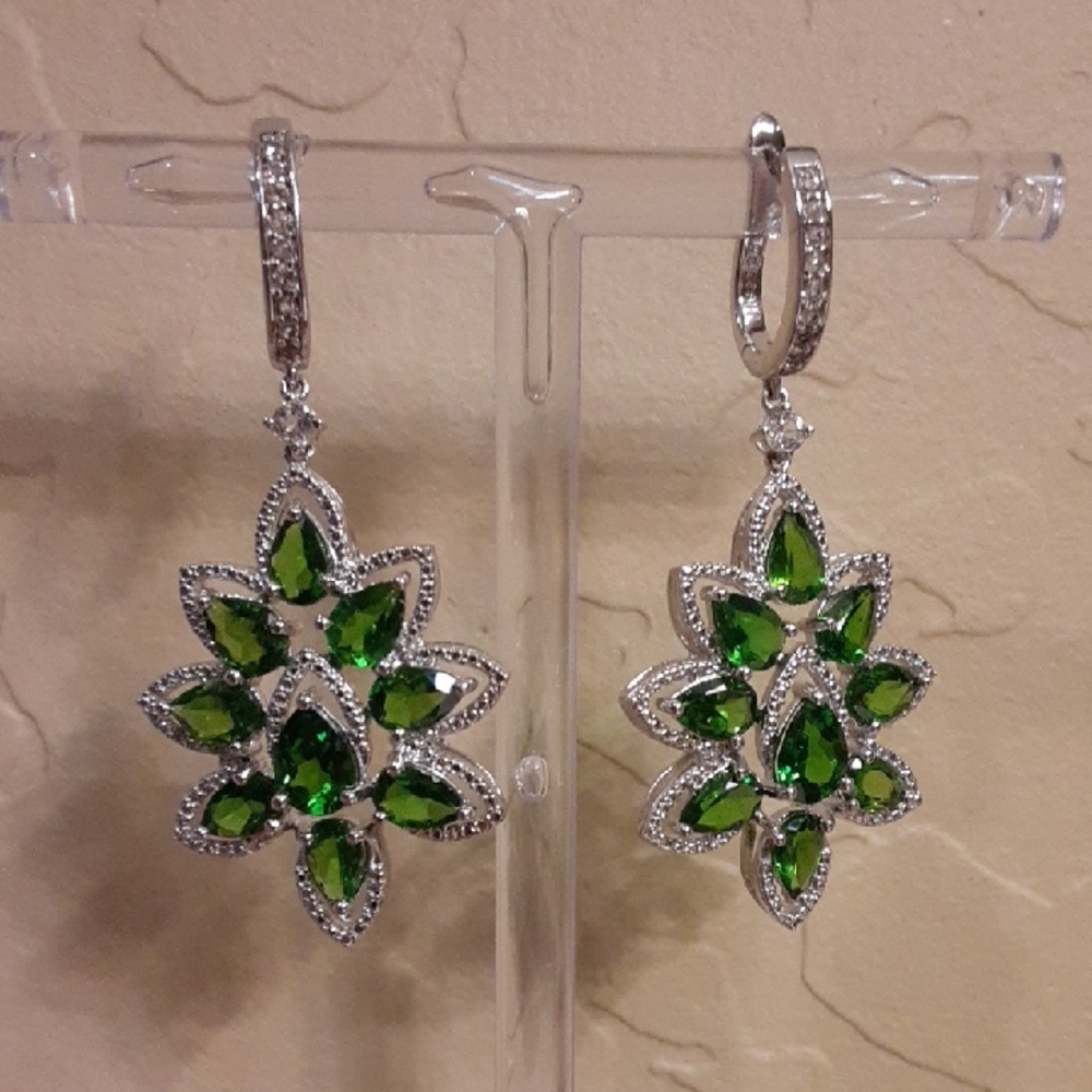 925 Chrome Diopside And Zircon Drop Earrings. - Picture 1 of 6
